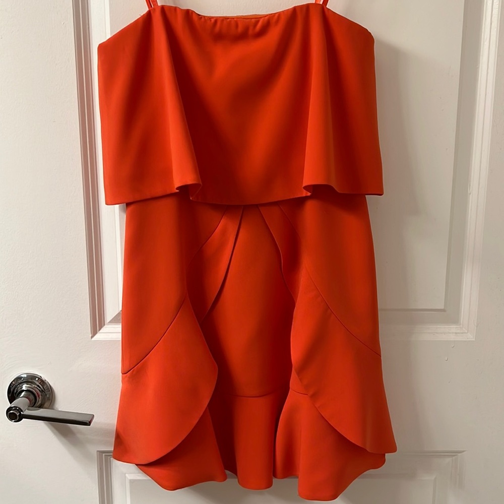 BCBG orange ruffled strapless dress